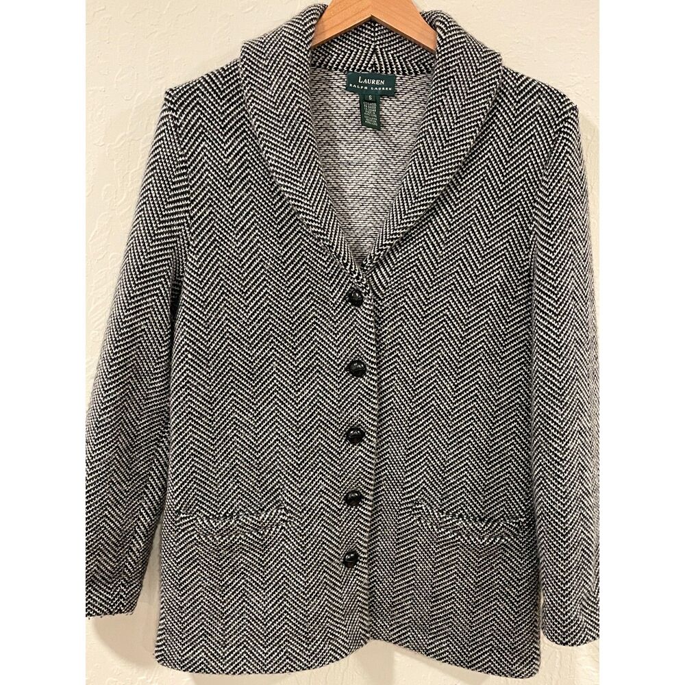 ~ Lauren Ralph Lauren Blazer Jacket Wool Black White Tweed Chevron Button Pocket
